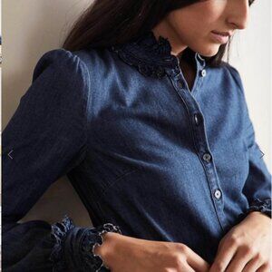 Boden Eliza Broderie shirt in mid vintage denim
